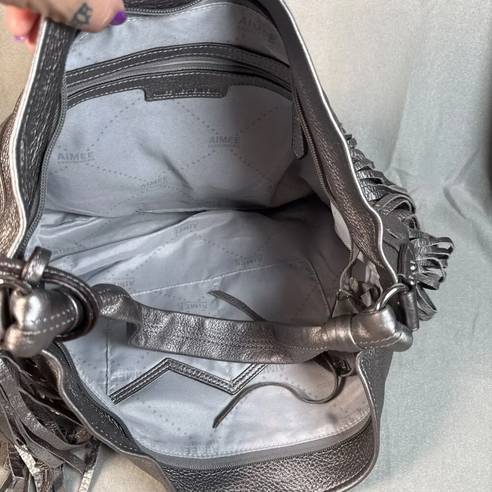 Aimee Kestenberg Fringed Silver Leather Boho Hobo Shoulder Bag Large Y2K